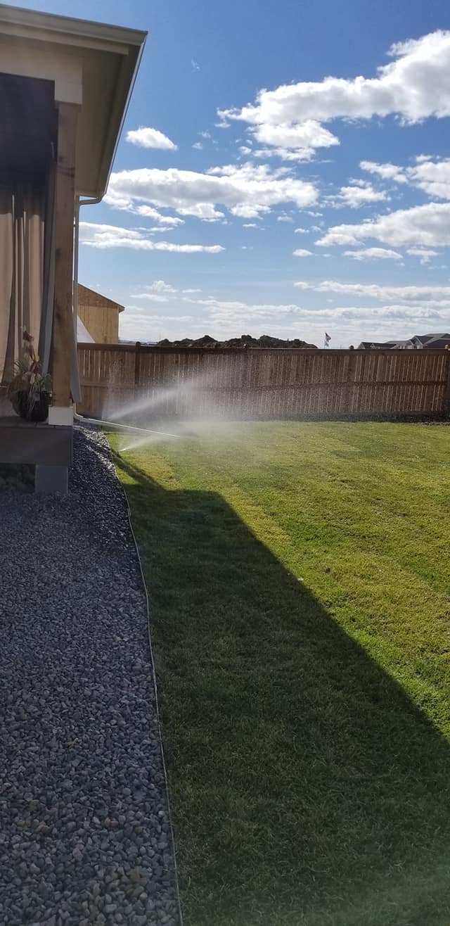 Backyard sprinkler system watering a green lawn under a bright blue sky with scattered clouds.